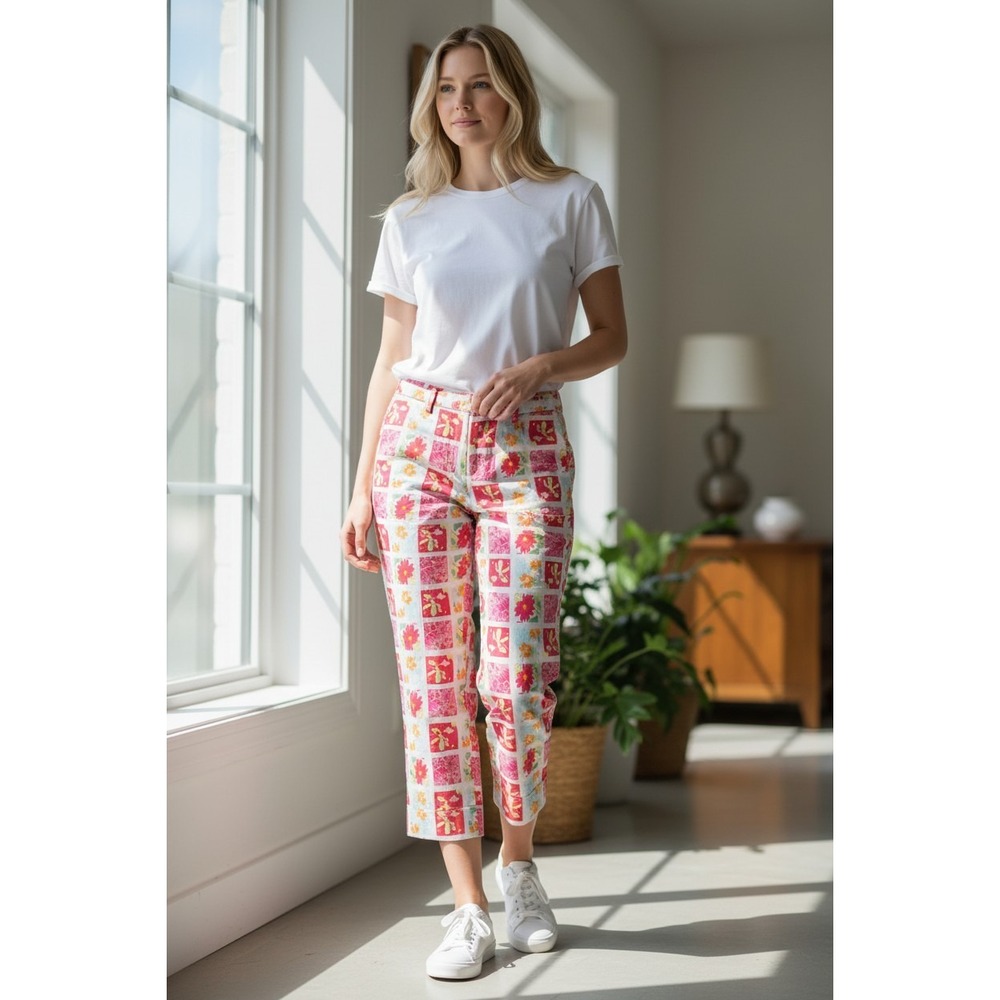 Larkspur Cropped Pants Women's 18W Multicolor Floral Cotton Stretch Straight Leg